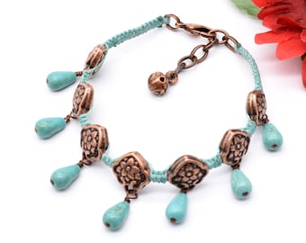 Ceramic Turquoise Bracelet with Teardrop Dangles,  Antique Copper Jewelry