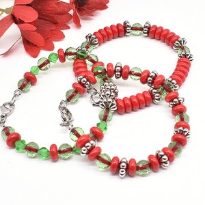 Red and Green Glass Bracelets with Stainless Steel Clasp, Set of 3 image 1