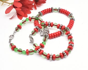 Red and Green Glass Bracelets with Stainless Steel Clasp, Set of 3