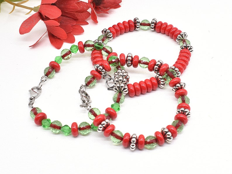 Red and Green Glass Bracelets with Stainless Steel Clasp, Set of 3 image 1