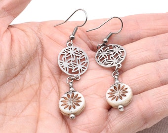 Aster Flower Dangle Earrings, Boho Jewelry, Stainless Steel Findings, Czech Republic Glass Beads