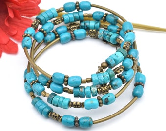 Turquoise Beaded Memory Wire Bracelet, Coil Wrap Bracelet