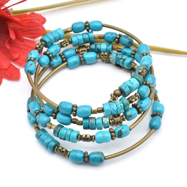 Turquoise Beaded Memory Wire Bracelet, Coil Wrap Bracelet