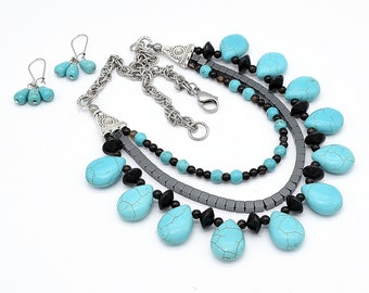 Triple Strand Ceramic Turquoise Beaded Necklace, Anniversary Gift Set