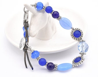 Blue Czech Glass Beaded Bracelet with Button Closure