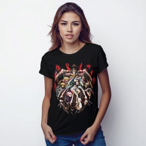 May include: Black t-shirt with a graphic print of a group of anime characters in a circle. The characters are in various poses and have different colored hair and clothing.