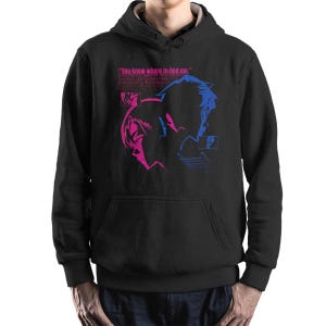 May include: Black hoodie with a front graphic featuring two stylized figures in pink and blue, with the text "You know where to find me." The design includes additional text and geometric shapes. The hoodie has a front pocket and a drawstring hood.