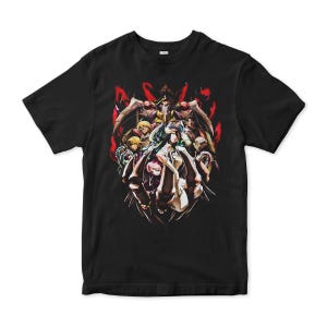 May include: Black t-shirt with a graphic print of a group of anime characters in a dark fantasy setting. The characters are surrounded by red and black flames.