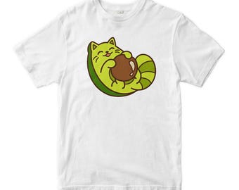 アボカドキャットTシャツ、コットンTシャツ、メンズ・レディースサイズ