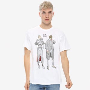 May include: White t-shirt featuring a graphic print of two anime characters. The characters are dressed in white and have black hair. The text '#19 DAYS' is printed above the characters.