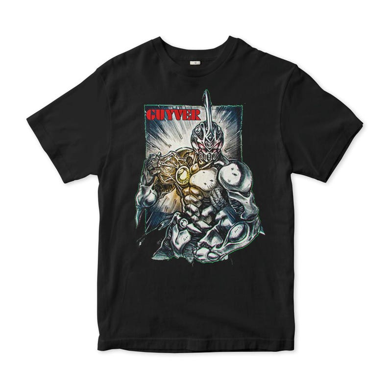 May include: Black t-shirt with a graphic print of a silver and gold cyborg character with the text "GUYVER" in red.