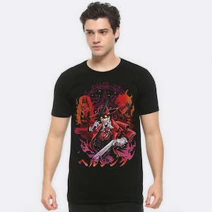 Puede incluir: Camiseta negra con un estampado gráfico de personajes de anime de la serie de anime "Hellsing". Los personajes están en un círculo con el texto "Hellsing" y "The Dwelling Night" en el centro.