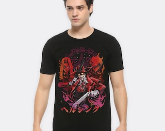 May include: Black t-shirt with a graphic print of anime characters from the anime series "Hellsing". The characters are in a circle with the text "Hellsing" and "The Dwelling Night" in the center.