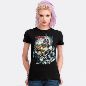 May include: Black t-shirt with a graphic print of a character from the "Gutter" comic book series. The character is wearing a helmet and armor and is holding a sword. The text "Gutter" is printed in red on the shirt.