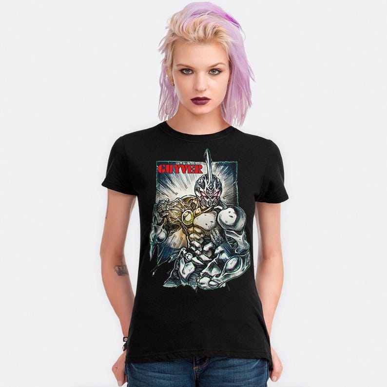 May include: Black t-shirt with a graphic print of a character from the "Gutter" comic book series. The character is wearing a helmet and armor and is holding a sword. The text "Gutter" is printed in red on the shirt.