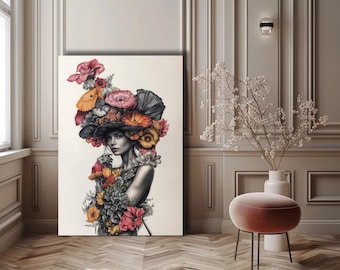 Potlood/ Vrouw/ Bloemen/ Schilderen/ Surrealistische kunst/ AI-gegenereerd/ AI-kunst/ Digitale kunstafdrukken/ Digitale download/ Muurkunst/ Bloemen/ Woondecoratie