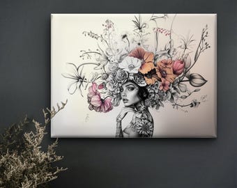 Lápiz/Mujer/Flores/Pintura/Arte surrealista/Arte generado por IA/Arte con IA/Impresiones de arte digital/Descarga digital/Arte de pared/Flores/Decoración del hogar