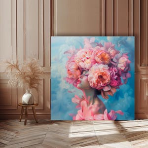 Woman in Pink with Flowers/ Surreal Art/ AI Art/ Digital Art prints/ Digital Download/ Vibrant Art/ Wall Art/ Floral/ Home Decor