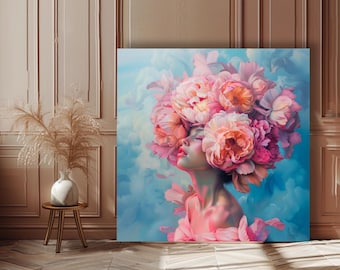 Vrouw in roze met bloemen/ Surrealistische kunst/ AI-kunst/ Digitale kunstafdrukken/ Digitale download/ Levendige kunst/ Muurkunst/ Bloemen/ Woondecoratie