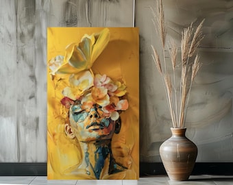 Flores/ Arte surrealista/ Rostro de mujer/ Pintura con IA/ Arte con IA/ Impresiones de arte digital/ Descarga digital/ Arte vibrante/ Arte de pared/ Floral/ Decoración del hogar