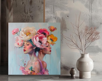 Bloemenportret / vrouw / surrealistische kunst / AI-gegenereerd / AI-kunst / digitale kunstafdrukken / digitale download / levendige kunst / muurkunst / bloemen / woondecoratie
