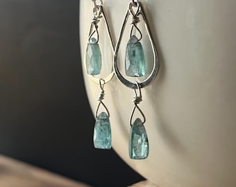 Aqua Kyanite Earrings: Sterling Silver Gemstone Dangle Earrings