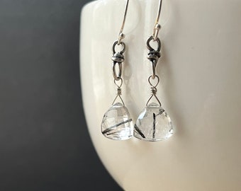 Black Rutile Quartz Earrings, Sterling Silver Rutilated Quartz Earrings