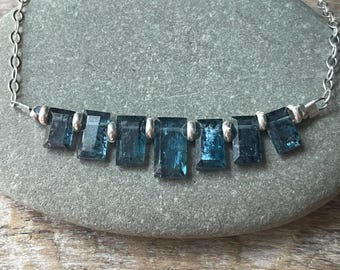 Moss Kyanite Sterling Silver Necklace: Adjustable Baguette Gemstone