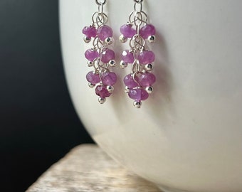 Pink Sapphire Earrings, Sterling Silver Gemstone Cascade Earrings