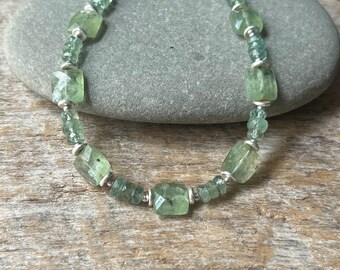 Green Kyanite Bracelet: Faceted Cushion & Rondelle Beads, Hill Tribe Silver, Adjustable