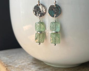 Green Kyanite Sterling Silver Earrings: Faceted Cushion Gemstone Dangles