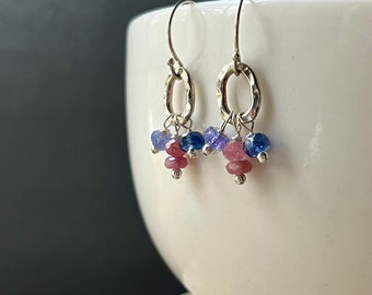 Multistone Earrings, Sterling Silver Tanzanite Pink Sapphire Kyanite Earrings