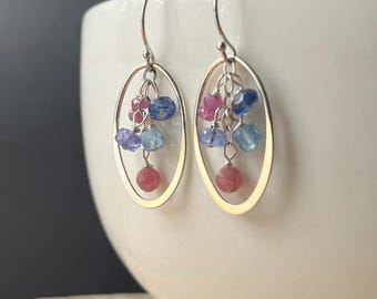 Sterling Silver Gemstone Cascade Earrings: Tourmaline, Tanzanite, Aquamarine