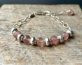 Strawberry Quartz Bracelet, Silver Quartz Adjustable Bracelet