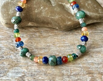Emerald Multistone Bracelet: Hill Tribe Silver Colorful Adjustable Bracelet