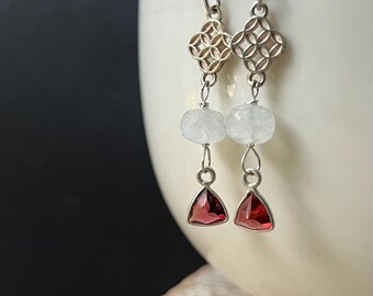 Moonstone Garnet Earrings: Sterling Silver Gemstone Dangle