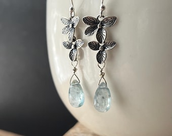 Oxidized Sterling Silver Kyanite Earrings: Light Blue Gemstone Flowers