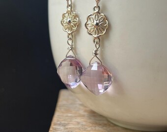 Pink Amethyst Sterling Silver Earrings: Faceted Cushion Cut Briolettes February Birthstone