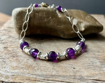 Amethyst Bracelet, Silver Amethyst Adjustable Bracelet, February Birthstone