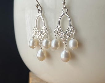 Freshwater Pearl Chandelier Earrings: Sterling Silver Dangle