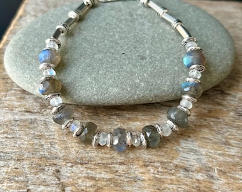 Labradorite Moonstone Bracelet: Sterling Silver Gemstone Adjustable Bracelet