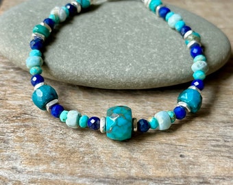 Turquoise Lapis Lazuli Larimar Bracelet, Silver Gemstone Adjustable Bracelet, Colorful Multistone Bracelet