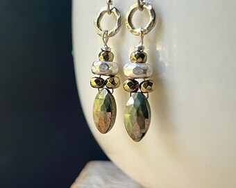 Pyrite Drop Earrings: Sterling Silver, Hill Tribe Accents