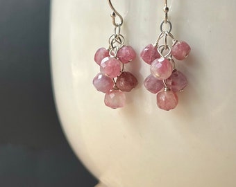 Pink Tourmaline Earrings, Sterling Silver Tourmaline Cluster Earrings