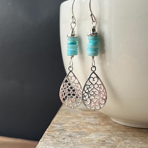 Blue Opal Sterling Silver Earrings: Filigree Dangle Gemstone Earrings