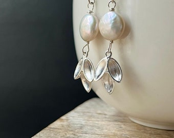 Coin Pearl Earrings, Sterling Silver Pearl Earrings