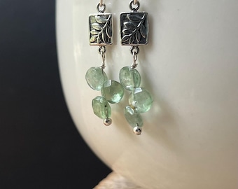 Green Kyanite Earrings: Sterling Silver Fern Charm Gemstone