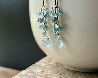 Moss Aquamarine Earrings, Sterling Silver Moss Aquamarine Cascade Earrings