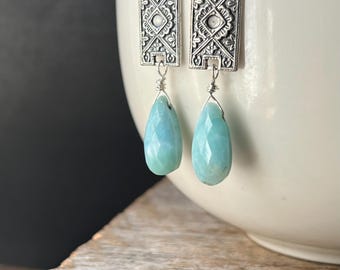 Larimar Earrings: Long Gemstone Sterling Silver Connector Earrings