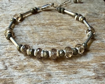 Bracelet en quartz fumé et pyrite : Bracelet ajustable